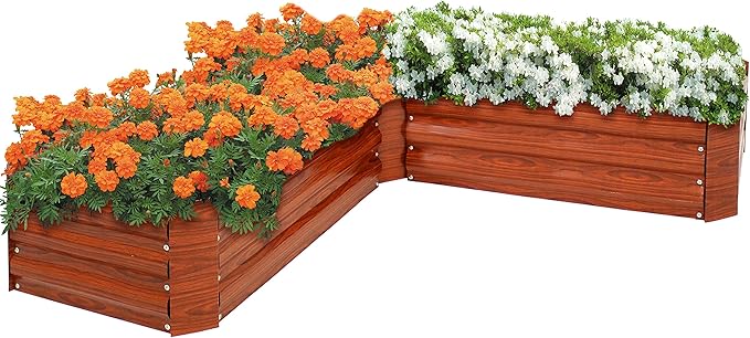 Sunnydaze 11.75" H Raised Metal Garden Bed - Galvanized Raised Garden Bed Outdoor for Vegetables and Flowers - Woodgrain - L-Shaped