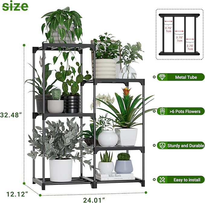 Plant Stand Indoor Outdoor Hanging Plant Shelf for Multiple Plants Pots Metal Flower Stand Flower Holder for Living Room, Patio, Balcony, Garden Decor, Black