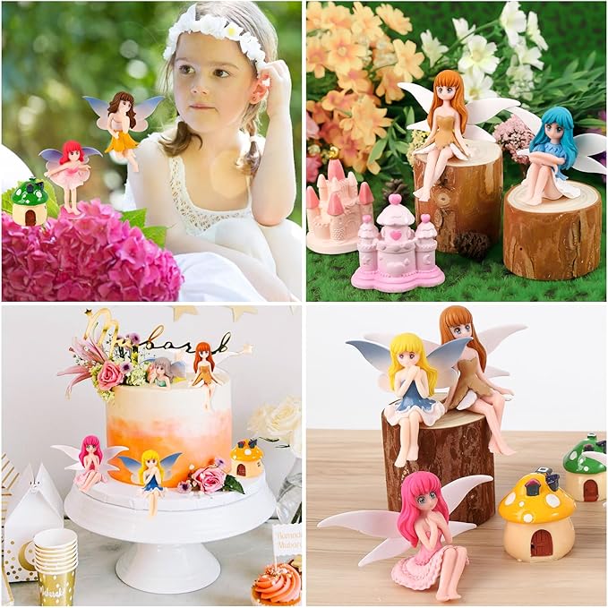 Miniature Fairy Garden Accessories, Fairy Figurine Set, Flower Pot,Garden Wands, Home Decoration, Birthday Cake Topper, 6 Pieces, Children's Outdoor Statues
