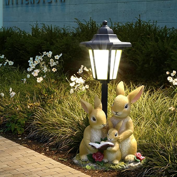 Solar Garden Outdoor Decor Statues Rabbit Family with Light,Outside-Outdoor Decorations Sculptures for Patio Yard Lawn Walkway Ornaments Clearance Gifts for Mom Grandma Birthday