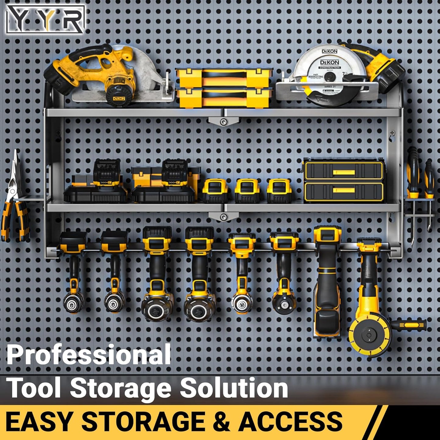 YYR Power Tool Organizer Wall Mount, Cordless Drill and Battery Holder, Electric Tools Hanger Storage Rack, Garage Organization Floating Shelf - Metal, Black