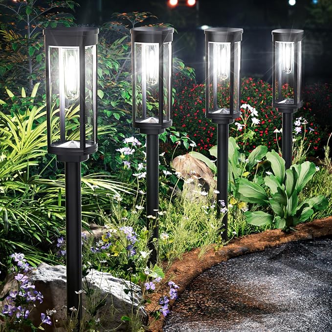 Solar Pathway Lights Outdoor Waterproof 4 Pack Upgraded Solar Walkway Landscape Lighting Outside Driveway Lights,Auto On/Off for Yard Lawn Patio (Cool White)