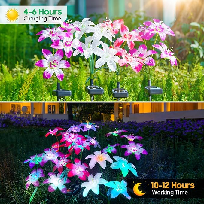 Solar Garden Lights Outdoor, 6 Pack Blooming Lily Solar Flowers Outdoor Waterproof, 7 Color Changing Bigger Solar Flower Lights for Yard Patio Outside Decorative Mom Gifts