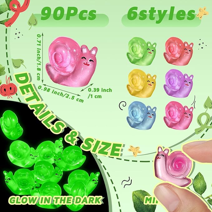 90 Pcs Luminous Resin Snail Miniatures Mini Animals Figures Cute Snail Figurine Fairy Decor Animal Ornament for Garden Landscape Home Accessories Craft Cake Decoration DIY