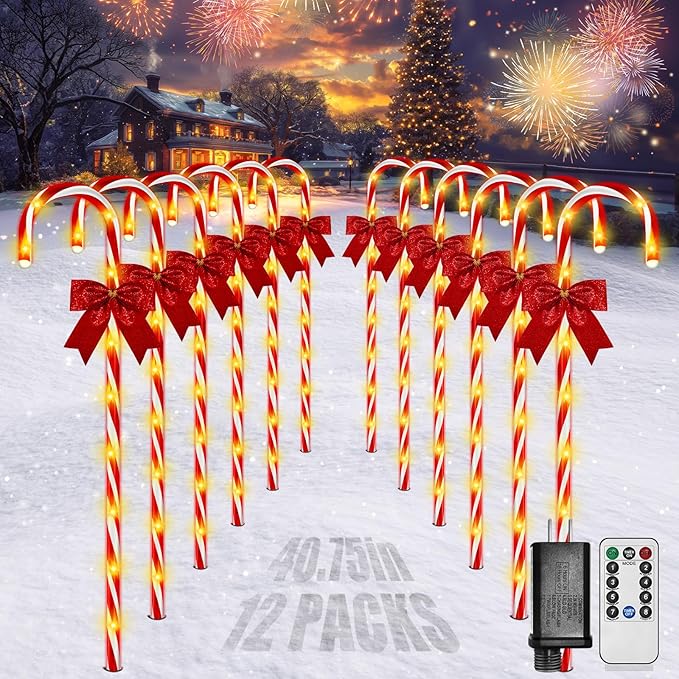 Christmas Candy Cane Pathway Lights, 12PCS 120 LED Christmas Lights Outdoor Decorations with Red Bow Waterproof, 8 Modes Timer Remote Christmas Walkway Lights for Xmas Home Yard Lawn Patio Decor