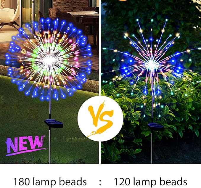 Solar Garden Firework Lights Outdoor Waterproof 2 Pack Solar Powered Art Stake Twinkle Lighting Outside Solar Lights Upgrad 180 LED Sparklers Lights for Yard Party Decorations (Colorful)