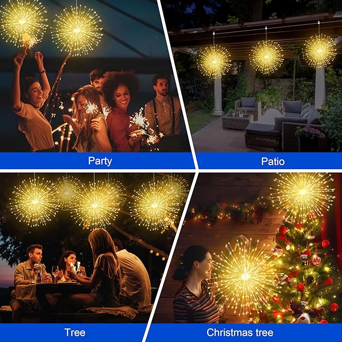 Solar Firework Lights Outdoor, 600 LED Starburst Light Outdoor with USB Rechargerable, 8 Modes Waterproof Solar Hanging Lights for Gazebo Yard Party Wedding Decorations (Warm White, 600 LED)