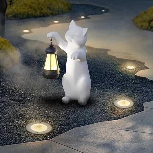 Solar Powered Garden Resin Statue Lights, 10 Inch Waterproof Outdoor Animal Cute Cat Figurine Lights, Suitable for Patios, Balconies, Lawns, Courtyards, Etc (Hand)