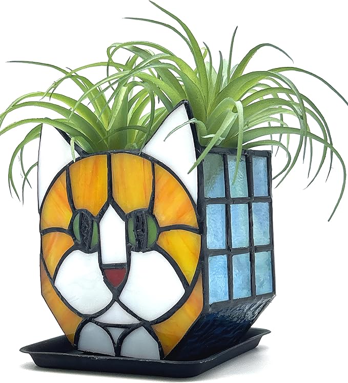 Tiffany Style Orange Cat Stained Glass Flower Pots,Indoor Plant Display, Orange Cat Small Pots for Plants, Gift for Cat Lovers,4.6x5.15x2.3 in （Excluding Plants）