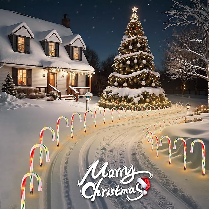 VCOKEN 10'' Christmas Candy Cane Lights Outdoor Pathway, Set of 10 Christmas Candy Cane Markers Waterproof, Light Up Xmas Candy Cane Decoration with Stakes for Holiday Party Yard Art Indoor Outdoor