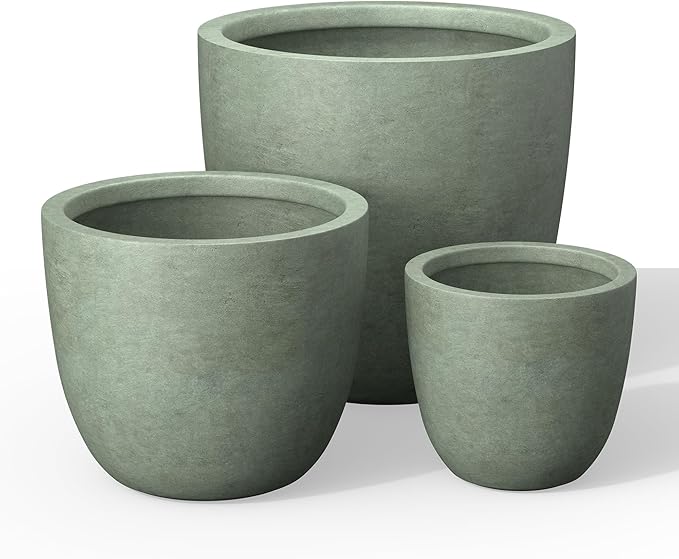 Kante 18",14",10" Dia Concrete Round Planters (Set of 3), Outdoor Indoor Large Planter Pots with Drainage Hole and Rubber Plug for Home Patio Garden, Mint Green