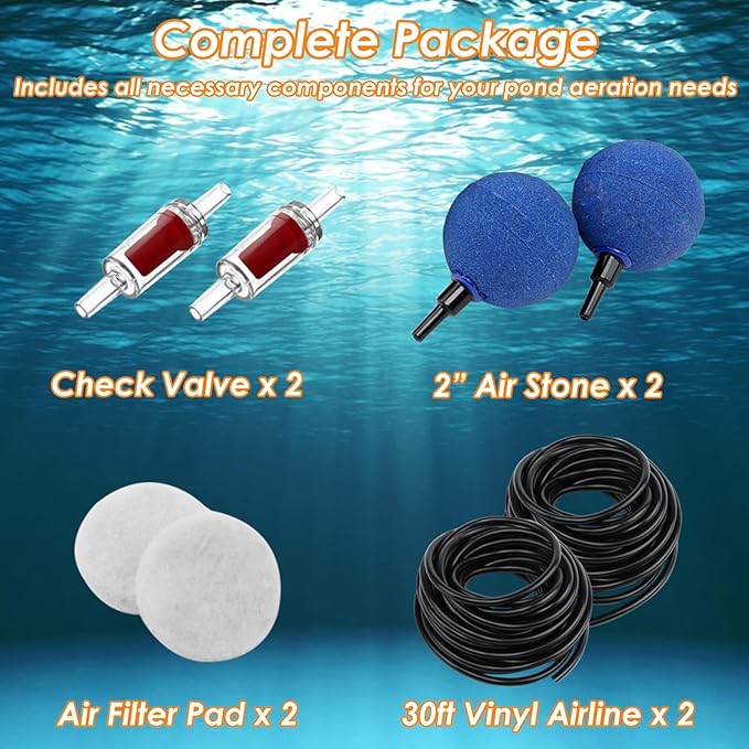 Pond Aerator Pump Pond Aeration Kit with Check Valves Air Stones Airline Tubing, All-in-1 Pond Deicer Pond Air Pumps for Outdoor Ponds up to 2000 Gallon