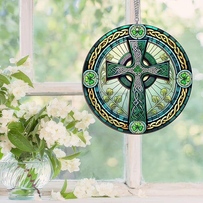 Irish Gifts, St Patricks Day Decor - Birthday, Christmas, Good Luck Irish Gifts for Men Women, Shamrock Decorations, Celtic Cross Home Decor - Window Suncatcher Hanging Decorations 6 in