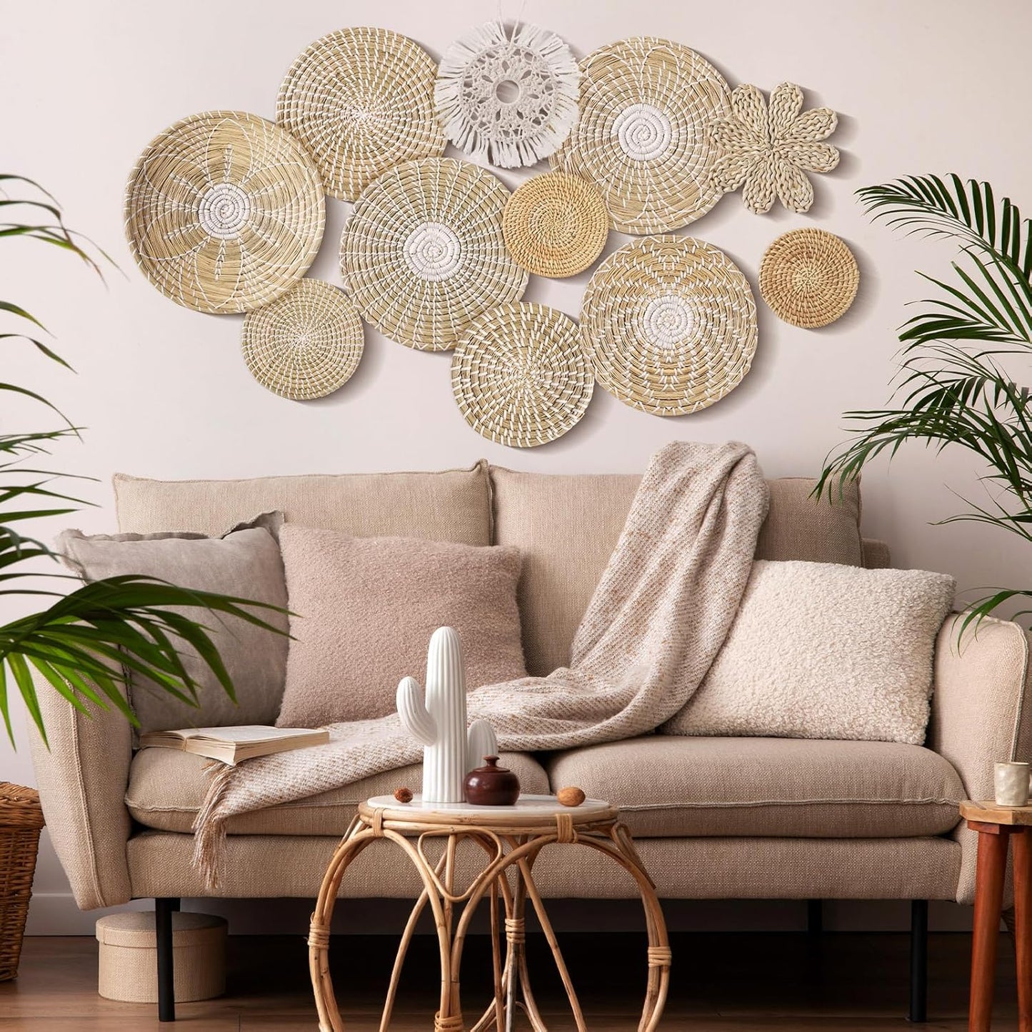 11 Pcs Boho Hanging Wall Basket Decor Handmade Woven Basket Wall Decorative Boho Wicker Baskets Placemats Round Farmhouse Bulrush Art for Rustic Home Decorations Christmas Gift(Fresh)