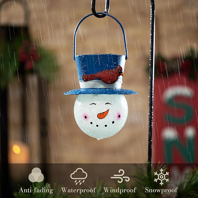 TERESA'S COLLECTIONS Outdoor Christmas Decorations for House, 36'' Snowman Glass Solar Lantern Stake with Blue Cardinal Hat, Xmas Grinch Solar Christmas Lights for Garden Party Decor