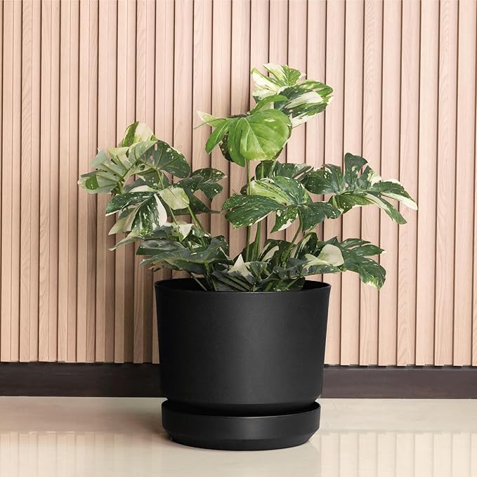 Elly Décor 12 inch Plastic Cylinder Planter Pot with Self-Watering Saucer and Drainage Hole,Lightweight & Extremely Durable, 12"x 12", Black