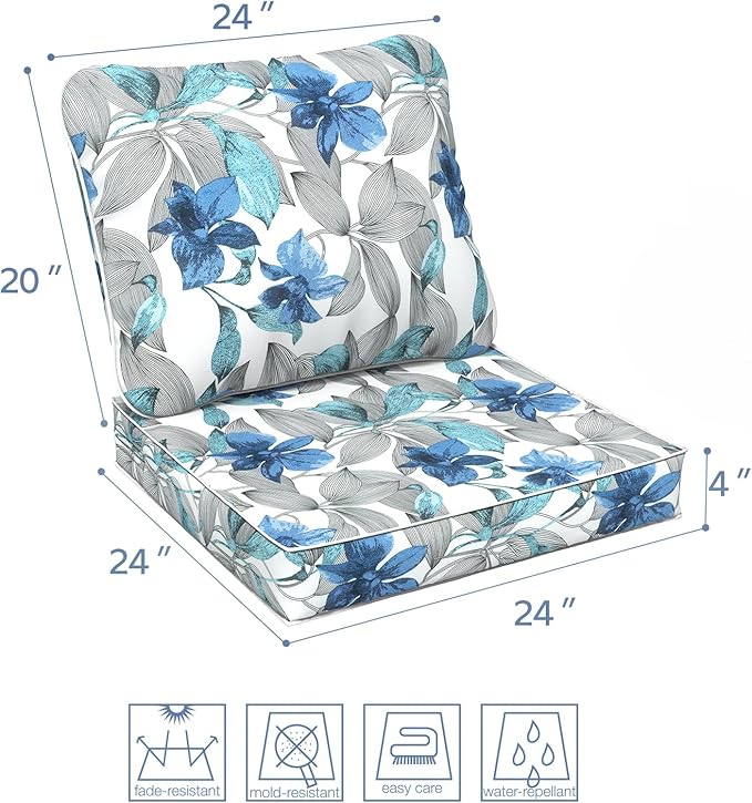 LVTXIII Outdoor Seat and Back Cushion Patio Deep Seat Cushion Set Seasonal Chair Cushion for Wicker Chairs and Garden Furniture Decoration, 24"x24"x4", Clemens Noir Blue
