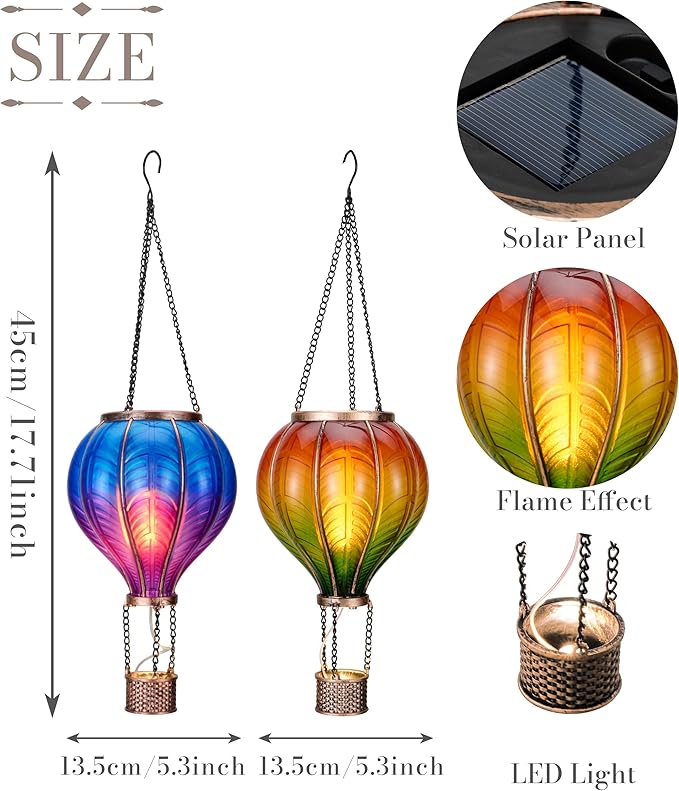 TERESA'S COLLECTIONS 2 Pack Hanging Solar Lantern Outdoor Garden Decor for Valentine ,Waterproof Plastic Hot Air Balloon Orange Flickering Flame Effect Lantern for Yard Tree,Gift for Mom,18"