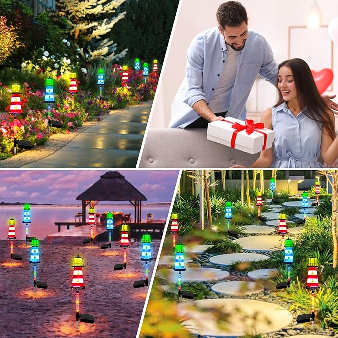 Solar Lights Outdoor Waterproof,2 PCS Lighthouse Solar Outdoor Lights,IP65 Waterproof Pathway Transparent Tube Lighthouse with 7 Color Gradients, for Your Home Patio Walkway Lawn Decor