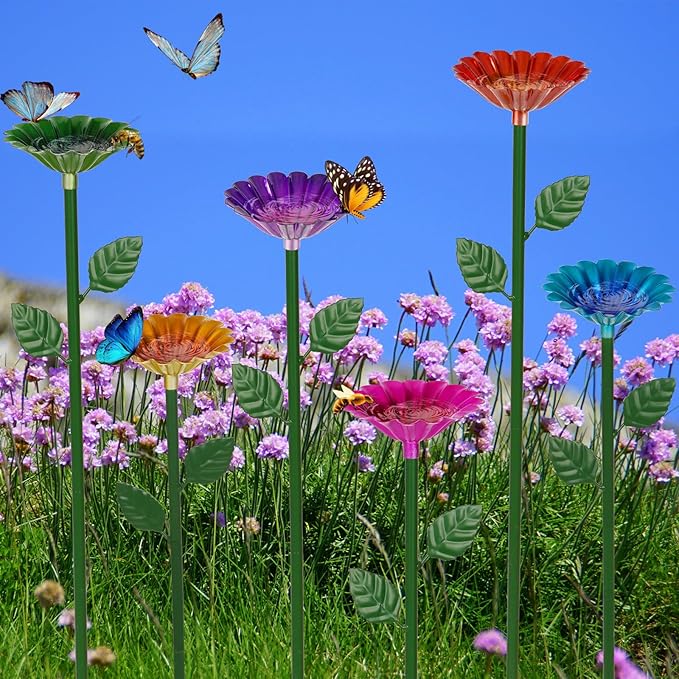 6 Pack Bee Watering Station, Bee Bath for Garden Metal Bee Water Feeder with Flower Design, Colorful Butterfly Bee Bath Bowl for Outdoor Garden Yard Decor