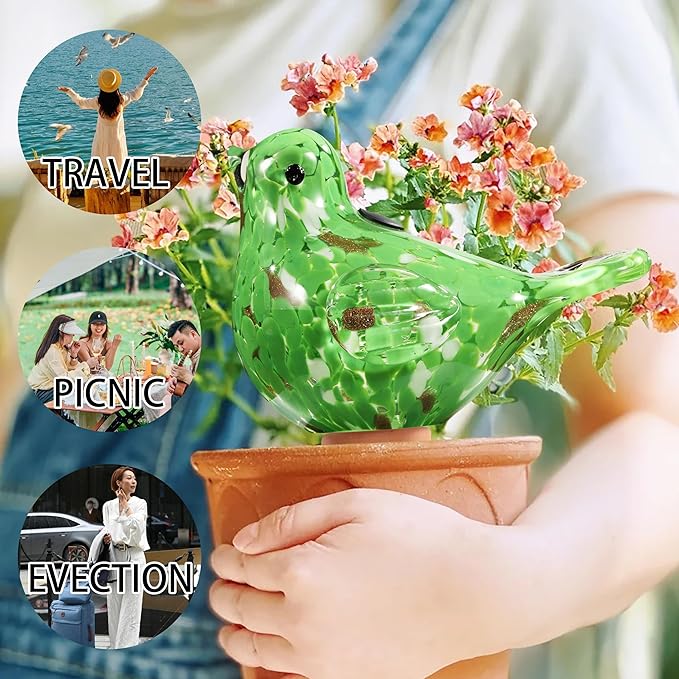Glass Bird Shaped Plant Watering Ball Glass Automatic Watering Ball Flower Pot Insertion Spike Drip Irrigation Device Watering Ball Irrigation System Plant Enthusiast Gift (Green)