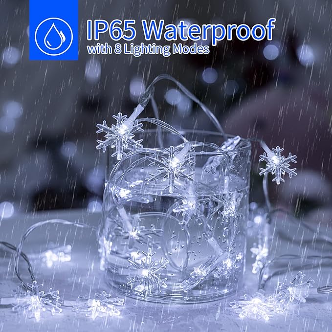 Brightown Solar Christmas Snowflake String Lights 2-Pack 100 LED 66FT Outdoor Waterproof Fairy Lights with 8 Lighting Modes for Wedding, Party, Tree, Room, Garden, Patio, Yard, Home(Pure White)