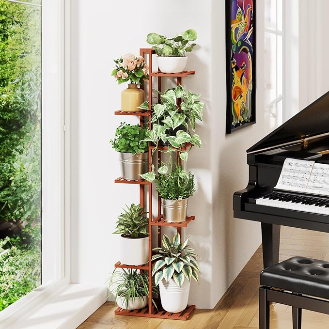 ROSSNY Plant Stand Indoor, 7 Tier 8 Potted Bamboo Plant Stands for Indoor Plants, Corner Plant Stand, Tiered Plant Stands, Plant Shelf For Indoor, 55 Inch Tall Planter Holder for Multiple Plants Indoor, Brown