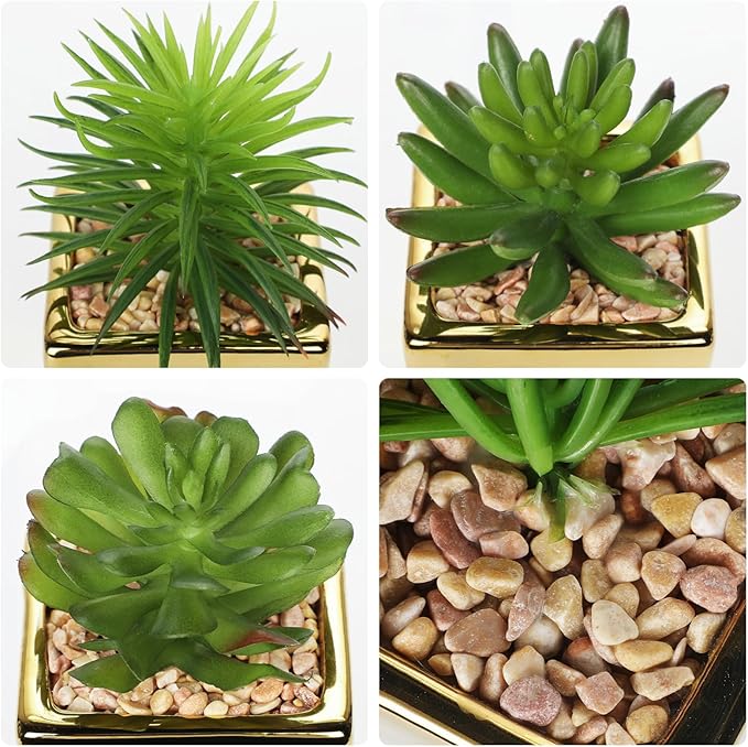 Hollyone Small Succulents Artificial 3 Pcs Faux Succulents with Gold Pots Mini Fake Succulent Plants Indoor Plant Ceramic Pots for Modern Office Desk Bathroom Shelf Living Room Home Decor