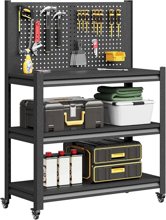 Workbench with Pegboard, Adjustable Heavy Duty Work Table with Wheels, Heavy Duty Workstation, Metal Tool Work Bench for Garage Warehouse Workshop, 48" H x 18" D x 34" W, Black