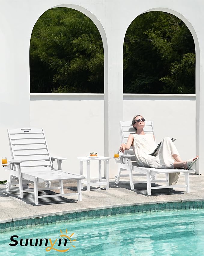 Lounge Chair Outdoor, Chaise Lounge Outdoor, HDPE 6-Position Lounge Chair for Outside, Patio Lounge Chair with Wheels & Cup Holder for Pool Poolside Deck Backyard, White