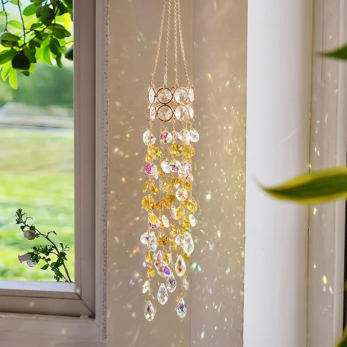 Hanging Window Garden Crystal Sun Catcher, Gold-Plated Sun Catcher for Indoor and Outdoor Decoration, Light Catcher, Party Crystals (Golden)
