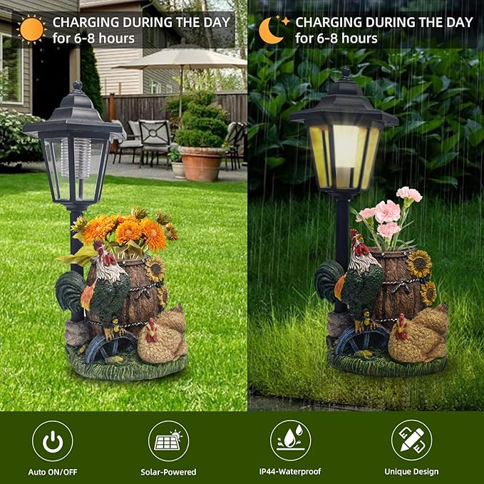 Rooster Statues Outdoor Solar Sculptures with Solar Lights and Flowerpot Funny Garden Decor Animal Figurines Resin Outdoor Statues for Patio Yard Lawn Balcony Grandma Mom Gifts