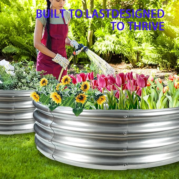 Durable Round Galvanized Steel Raised Garden Bed for Planting,Round Galvanized Steel Fire Ring/Fir Pit for Outdoor- 4×4×1FT,0.8MM Thick Black (47 ins Diameter x 12 ins high, Silver)