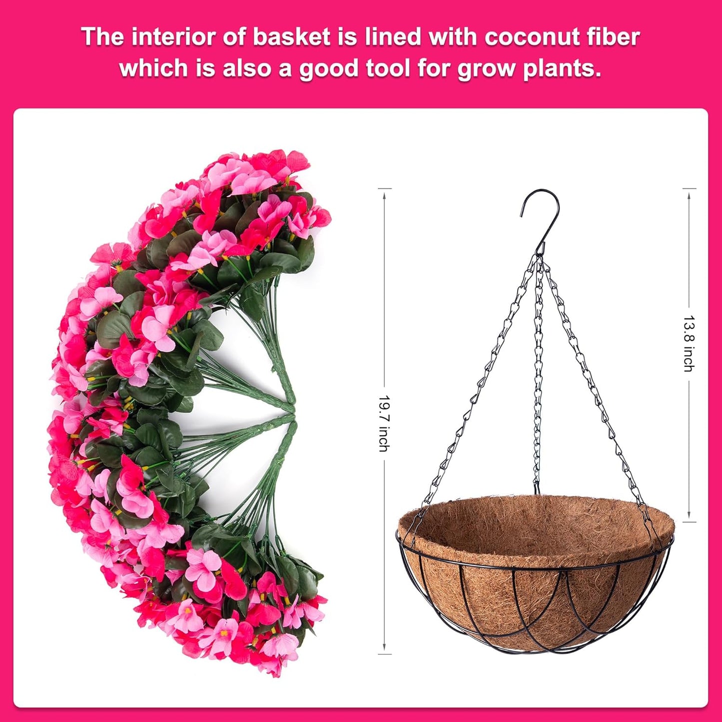 Artificial Hanging Flowers with 12" Basket for Outdoor Decor, Fake Hydrangea UV Resistant Arrangements in Pot Indoor Porch Garden Yard Spring Summer Decor(Double Rose)