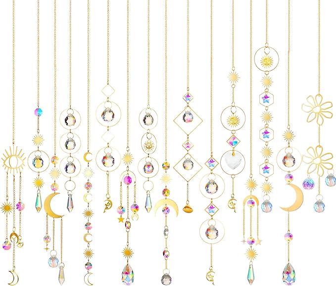 Ysleen 16 Pcs Crystals Suncatcher Colorful Hanging Sun Catcher for Window with Chain Pendant Ornament Prism Rainbow for Garden Wedding Valentine's Day Party Indoor Outdoor Decoration Gift(Rainbow)