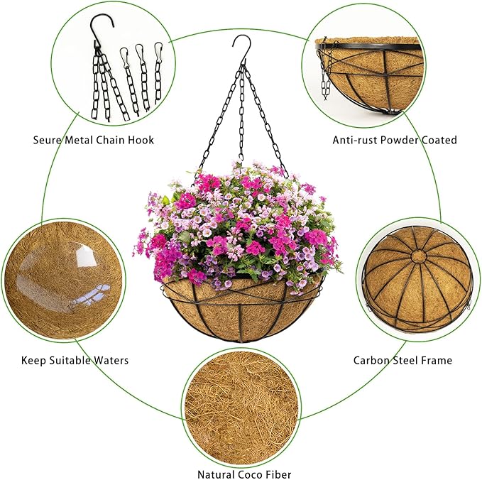 Hanging Planters for Outdoor Plants: 4 Pack 16" Hanging Baskets Flower Pots with Coco Liners & Plastic Saucer Extra Large Deep Hanging Plant Holder for Porch Balcony Garden Décor