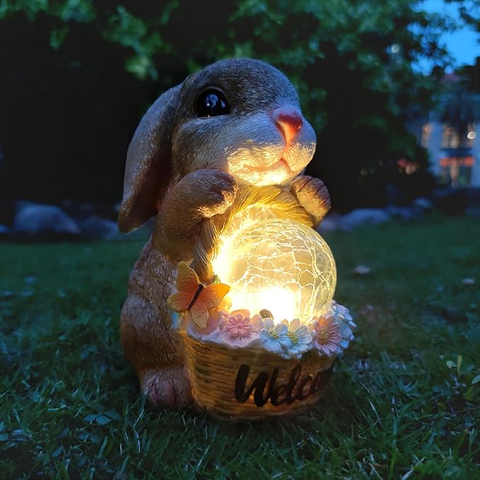 Solar Rabbit Garden Outdoor Statues,Resin Rabbit Figurine Carrying Flower Basket and Magic Orb with Solar LED Lights, Lawn Decor Outdoor Statue for Patio, Balcony, Yard Ornament