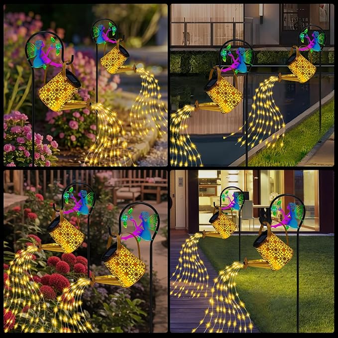 Solar Lights Garden Decorative, Solar Watering Can with Cascading Lights, Waterproof Metal Lantern with Fairy Shepherd Hook, Outdoor Decor for Yard, Patio, Lawn, and Pathway, Gardening Gifts for Mom