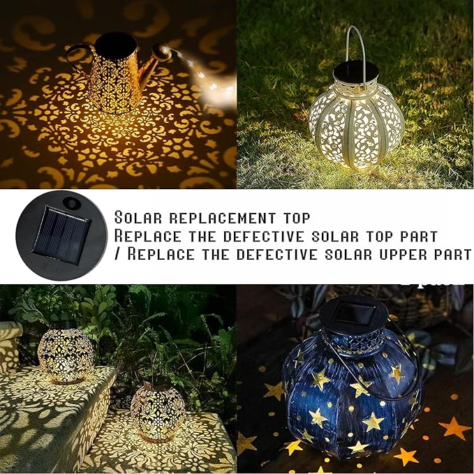 2 Pack Solar Watering Can String Lights Replacement Top - Round Solar Panel Outdoor Waterproof 32 Ft LED Copper Wire Hanging Lanterns Solar Lantern Battery Box Replacement Accessories(Warm/Cold)
