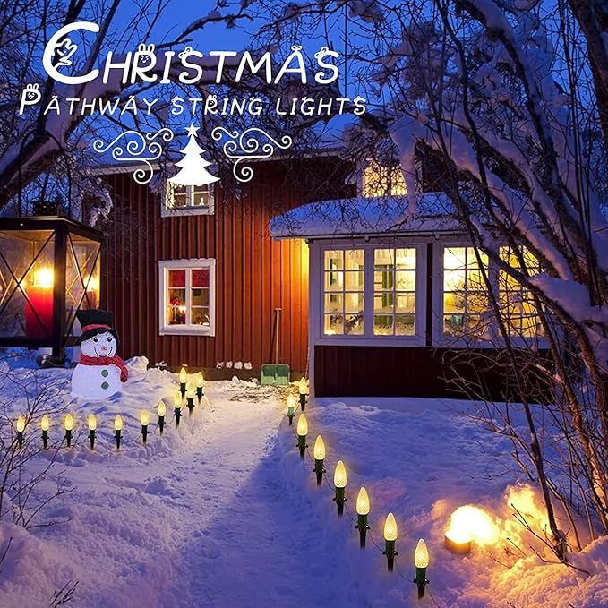 C9 Christmas String Lights Outdoor - 20 LED Pathway Light with Strawberry Shell and Stake Connectable Warm White High Voltage Waterproof for Driveways Xmas Holiday Patio Decoration