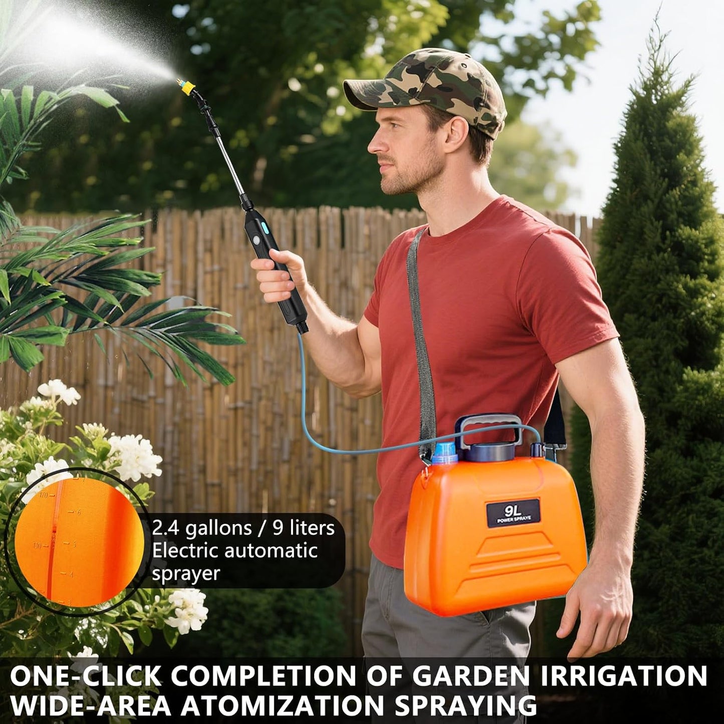 2.4 Gallon Battery Powered Sprayer, Electric Battery Operated Sprayer, Weed Power Sprayers in Lawn and Garden with Adjustable Shoulder Strap and Rechargeable Handle, 3 Mist Nozzles (Orange)