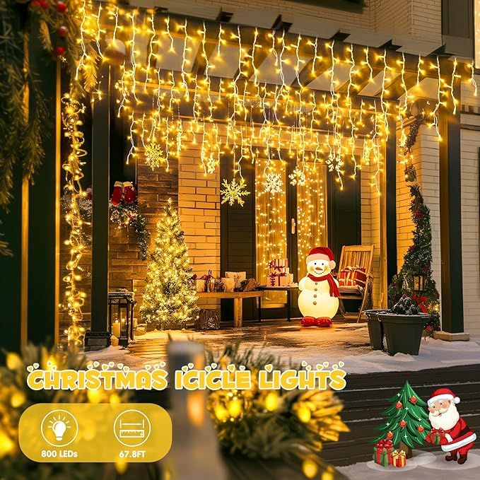 JMEXSUSS 800 LED Icicle Lights for Outside, Icicle Christmas Lights Outdoor, Warm White Christmas Lights for House Holiday Party Wedding Christmas Decorations