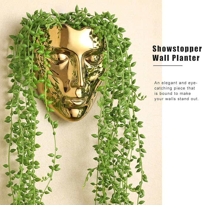 Face Vase,Ceramic Female Form Vase,Modern Sculpture Planter Pot,Human Face Dried Flower Shaped Vase,Wall Hanging Plant Pot for Home Decor Centerpieces, Office or Outdoor Hanging Decor Gold