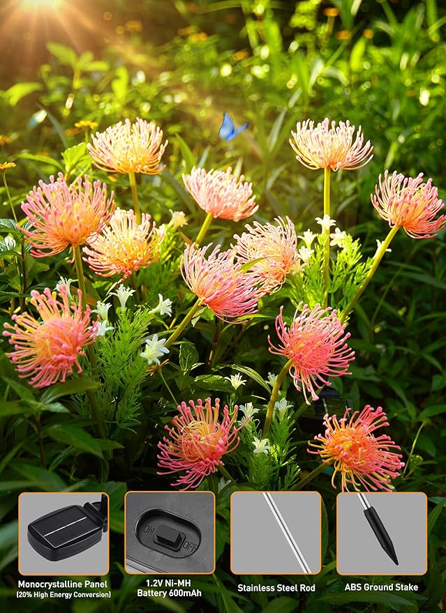 Brightown Outdoor Solar Garden Lights - 4 Pack LED Flower Lights with Glowing Flowers & Stems, Realistic, Bigger Solar Panel, Waterproof for Yard Patio Home, Pink