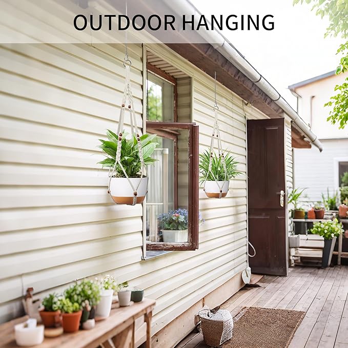 43 Inch Macrame Plant Hanger - Fits 6-15 Inch Pots, Extra Long Hanging Planter Holder for Indoor Outdoor, with Red Wood Beads, Boho Home Decor, 2 Pack, Ivory (POTS NOT Included)