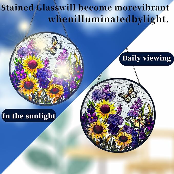 Butterfly Sunflower Stained Glass Suncatchers - Handcrafted Round Glass Art for Windows & Doors Décor - Decoration for Home Garden Christmas Party Wedding Housewarming Gifts