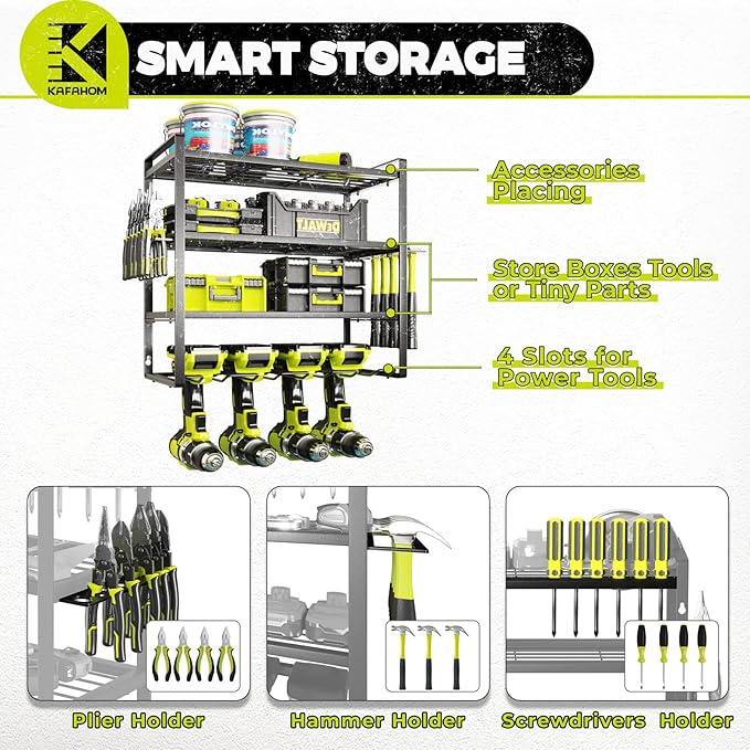 KAFAHOM Power Tool Organizer, Garage Tool Organizers and Storage,Drill Holder Wall Mount, Storage Rack for Cordless Drill, Heavy Duty Tool shelf with Screwdriver Holder/Pliers Holder/Hammer Holder