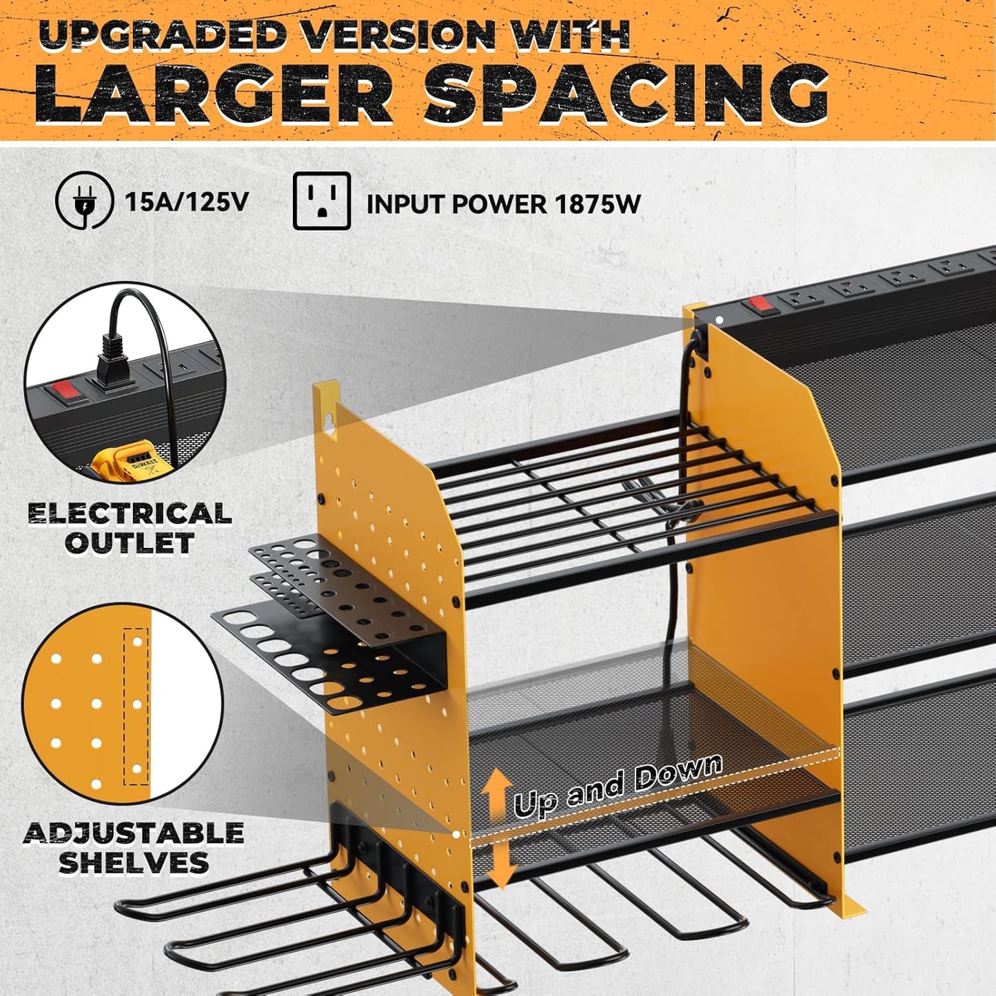 Upgrade Large Power Tool Organizer Wall Mount with Charging Station Tool Storage Rack with 6.5FT Power Strip 10 Drill Holder and Storage Rack for Garage Organization