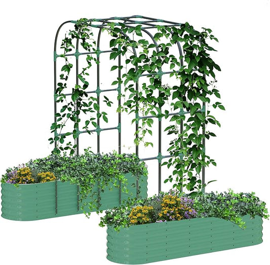 Galvanized Raised Garden Bed with 96" Tall Vertical Arch Trellis – Expandable Rust-Resistant Planter Box for Outdoor Plants, Flowers, Herbs & Vines – Includes Plant Clips, Drainage Netting,Green