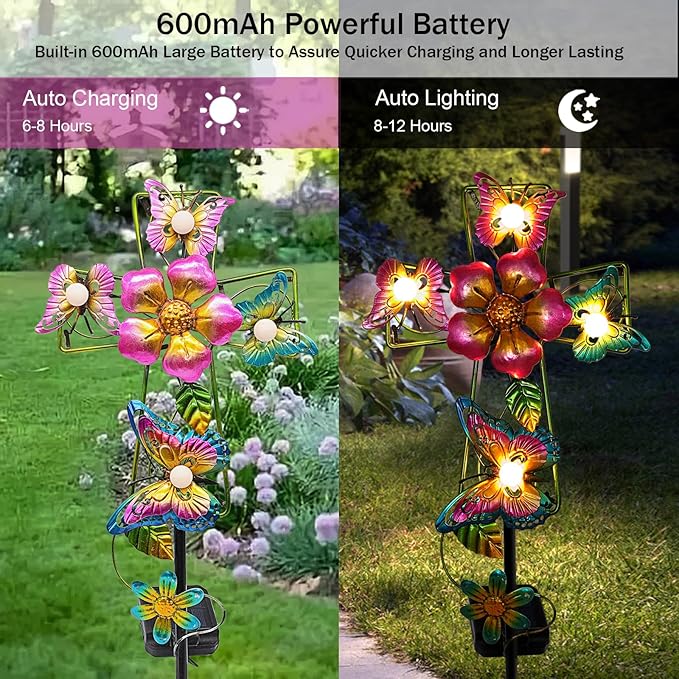 Solar Cross Garden Lights, 2 Pack Solar Butterfly Stake Lights Cemetery Decorations for Grave, Jesus Cross Sympathy Memorial Gifts for Mother Grandma, Metal Garden Art for Yard Lawn Patio Decor